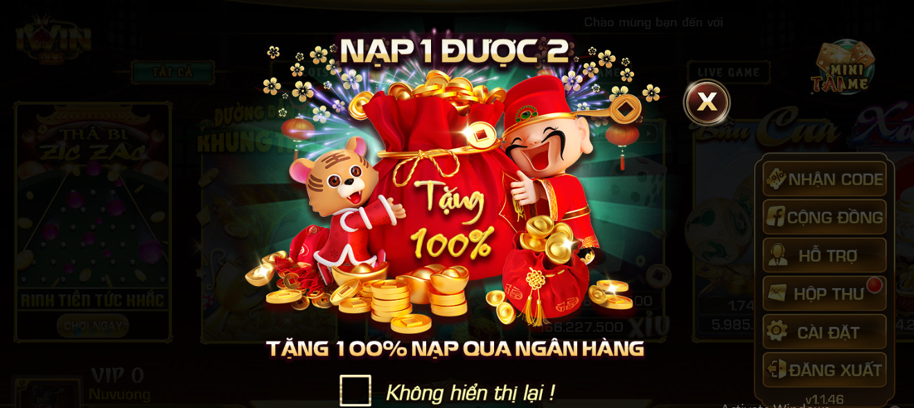 Nạp 1 được 2 - khuyến mãi 100% từ lần nạp tiền qua ngân hàng