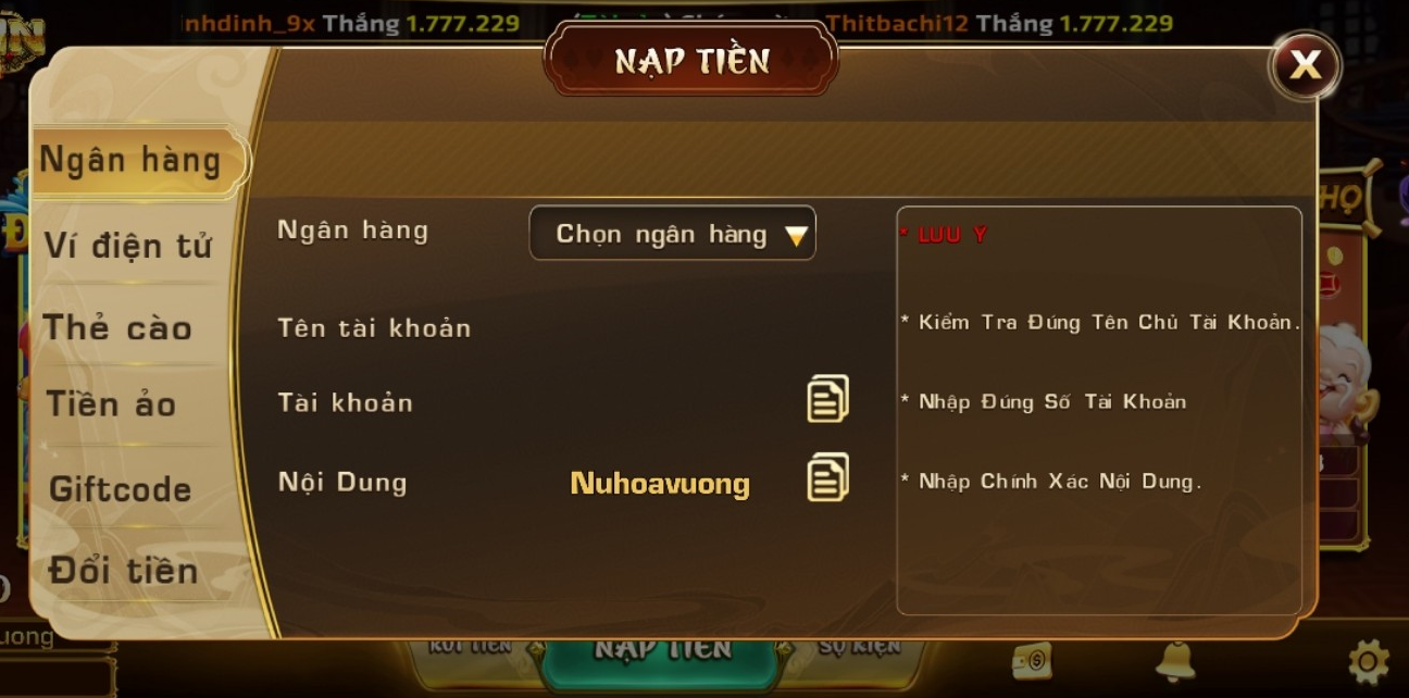 Mẫu thực hiện quy trình nạp tiền Iwin qua Ngân hàng