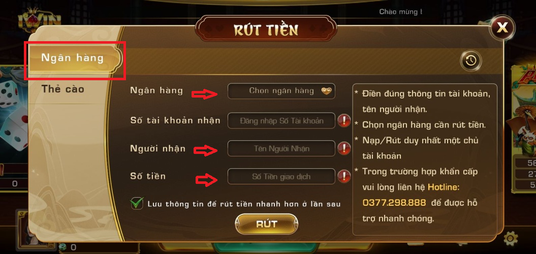 Rút tiền Iwin trong “tích tắc” qua hình thức ngân hàng